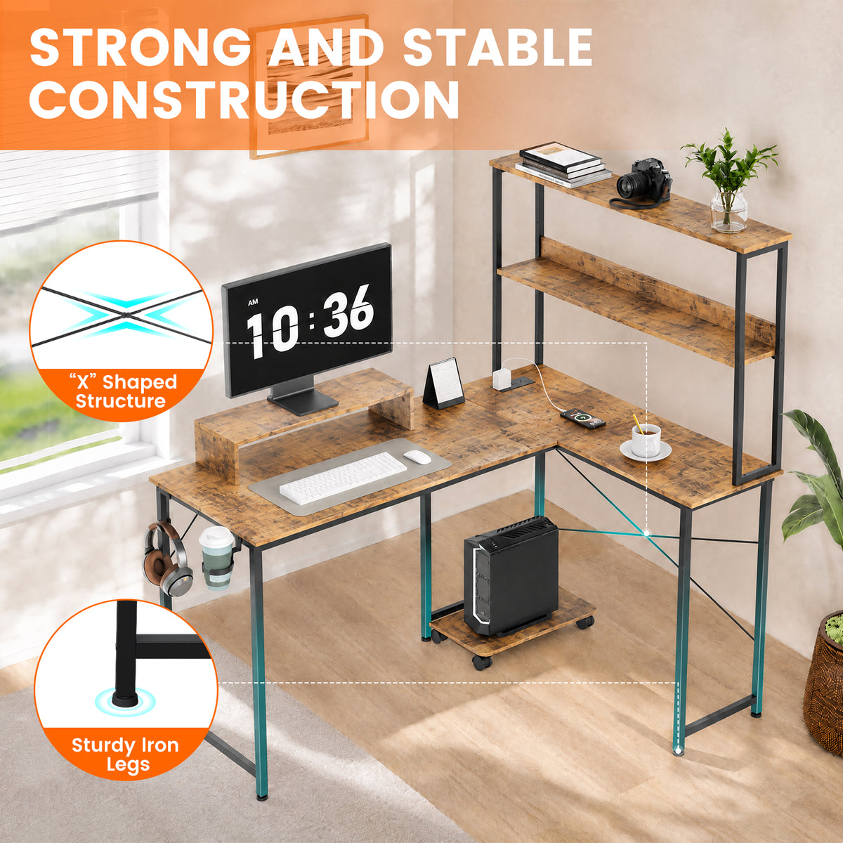 COMHOMA 53" Reversible L-Shaped Gaming Desk with LED Lights, Power Outlets Computer Desk with Hooks and Cup Holder, DL009