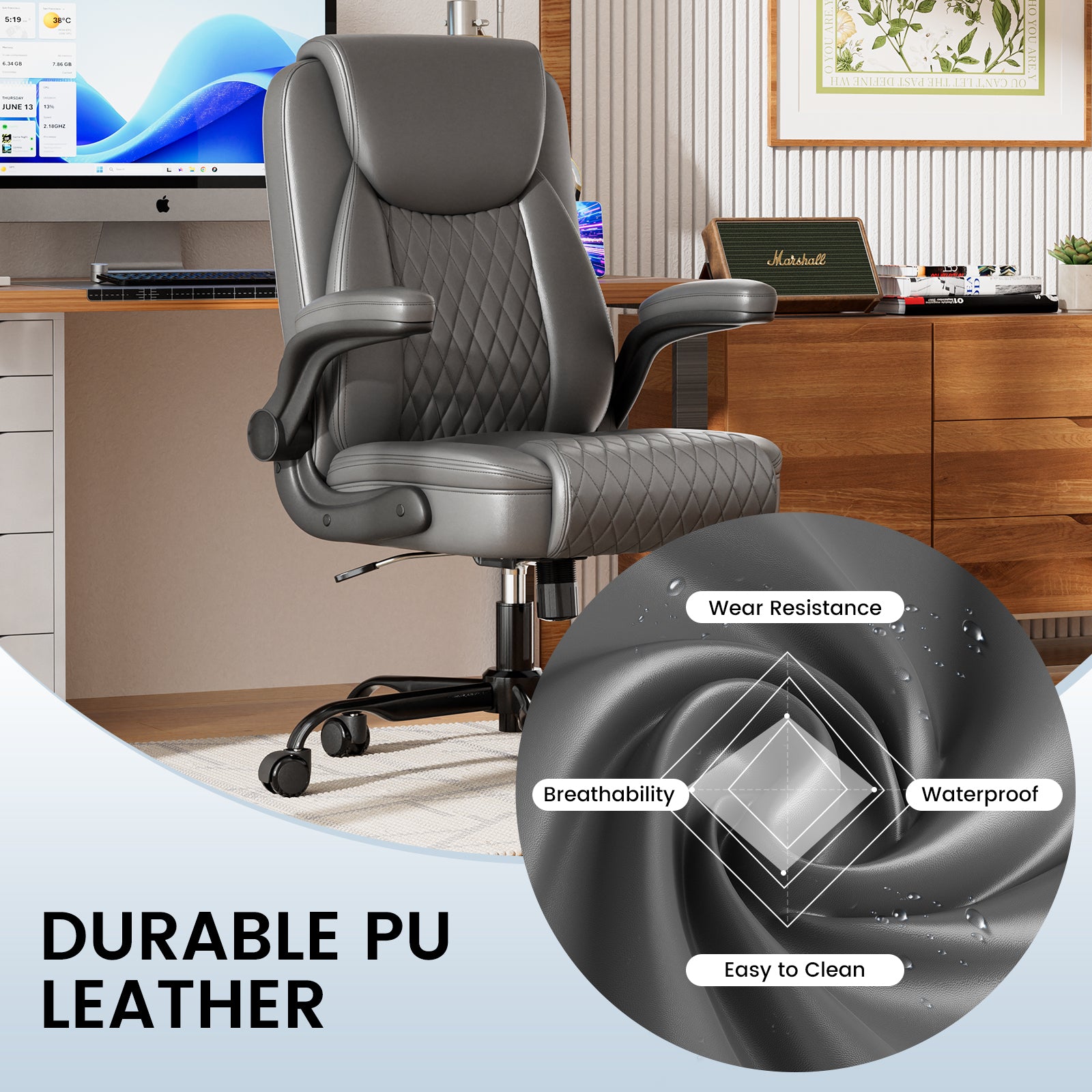 Cloudrest Pro Rocking Leather Office Chair with Back Support and Adjustable Armrests, for Short People Use CH228