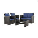 Modern 4-Piece PE Wicker Patio Set with Tempered Glass Table and Blue Cushions in Black-Brown Wicker