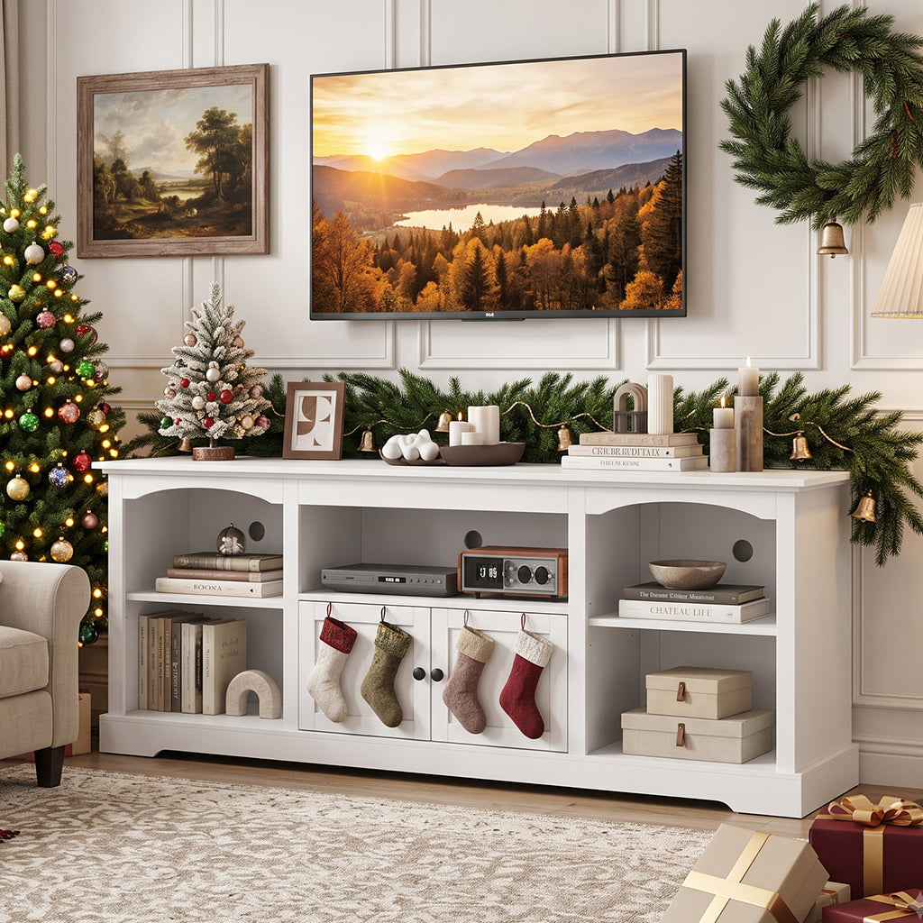 COMHOMA 71"/70"/59" TV Stand up to 80 Inch TV, Modern Farmhouse Entertainment Center with Open Storage Shelves and Cable Management Holes for Living Room H1004