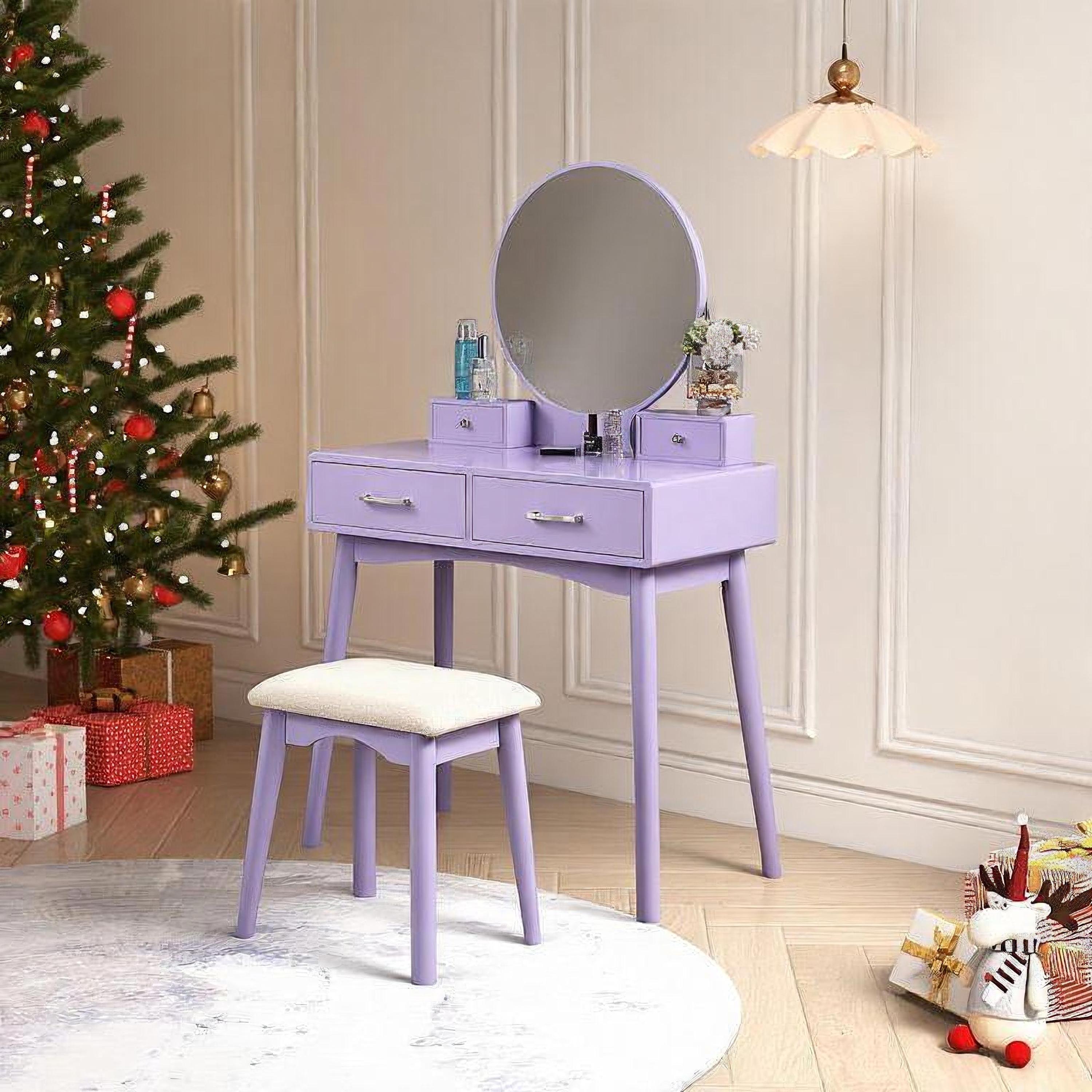 Liannon Contemporary Wood Vanity and Stool Set, Purple