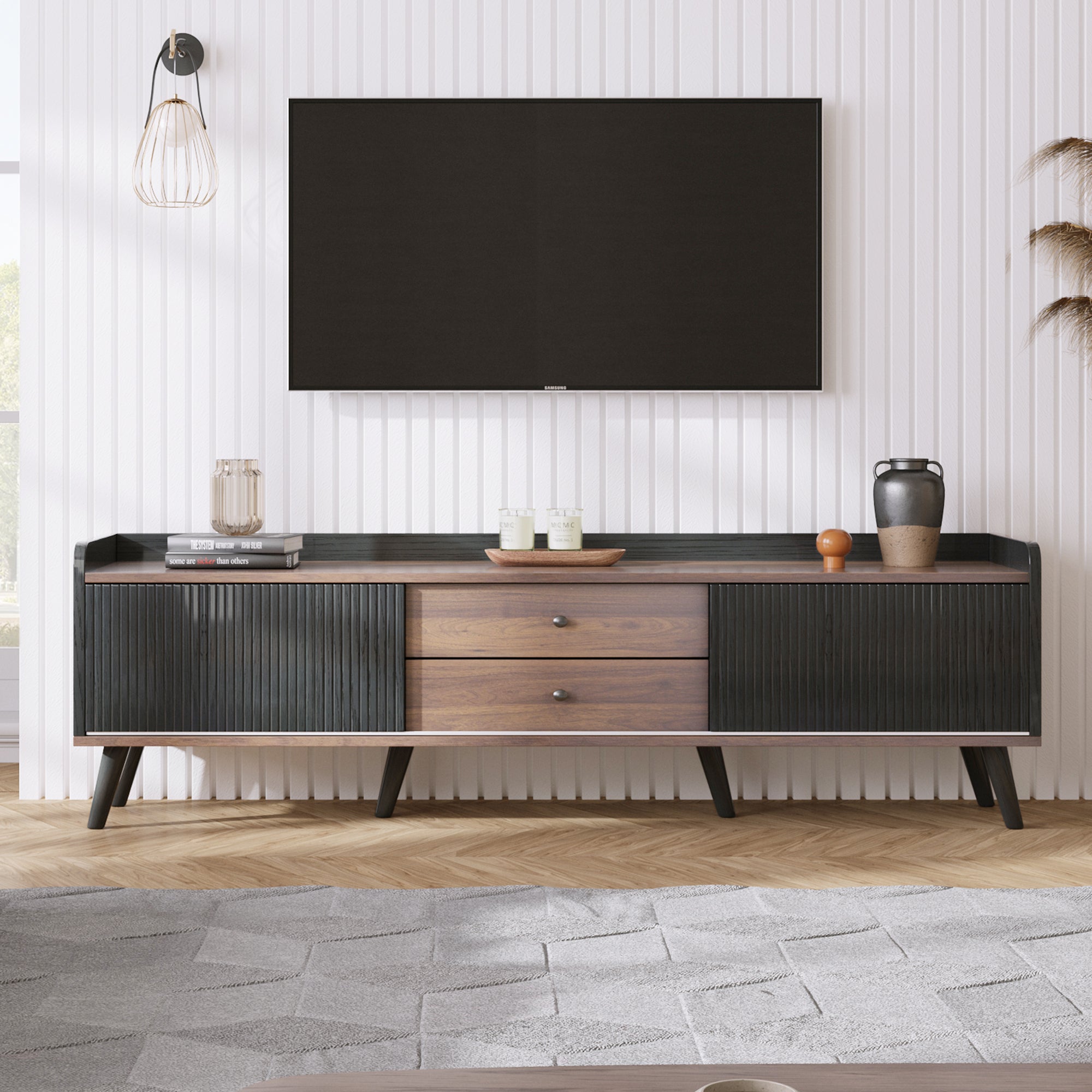 63'' Mid Century TV Stand with 2 Cabinets&  Open Compartments, Entertainment Center for TVs up to 70'', Television Console for Living Room, Bedroom, Home Theatre
