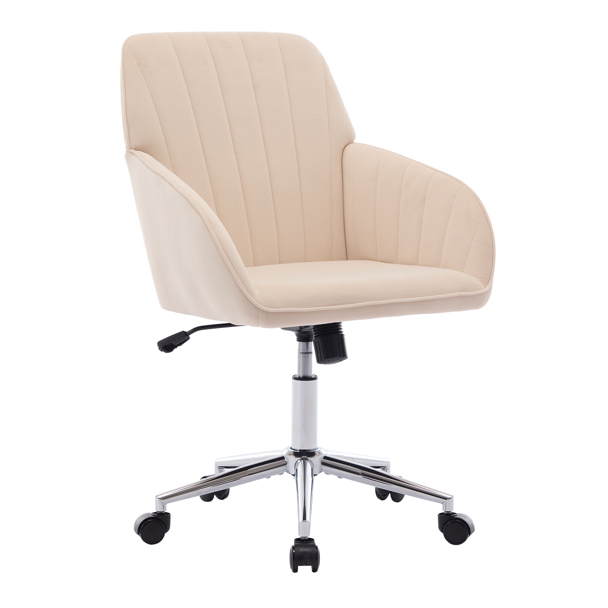 Khaki velvet ergonomic office chair with adjustable height, cushioned backrest and armrests, swivel base with caster wheels for home or bedroom use.