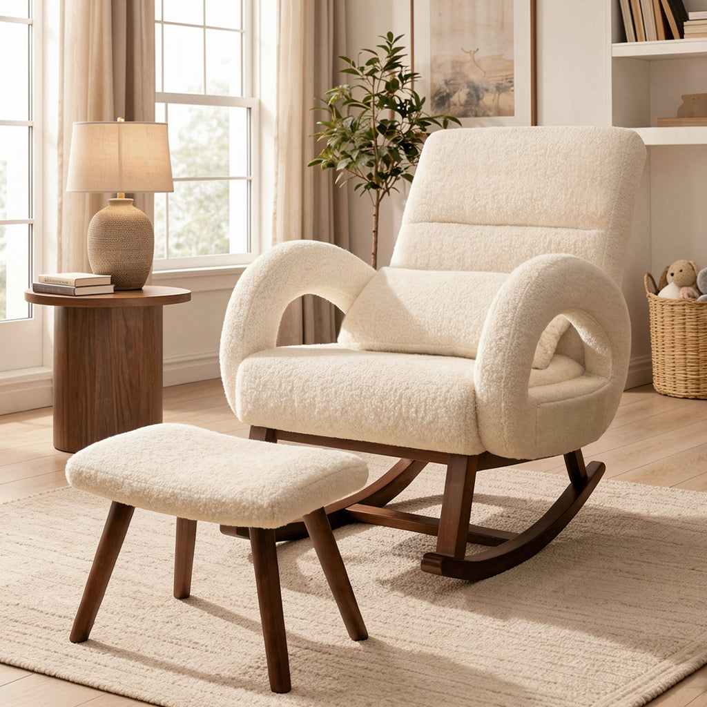 COMHOMA Teddy Fabric Rocking Chair Nursery with Ottoman & Lumber Pillow H007