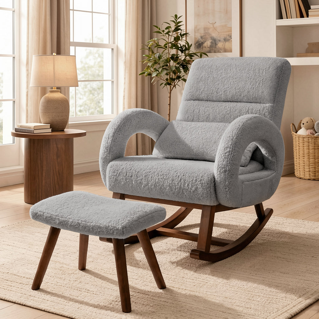 COMHOMA Teddy Fabric Rocking Chair Nursery with Ottoman & Lumber Pillow H007