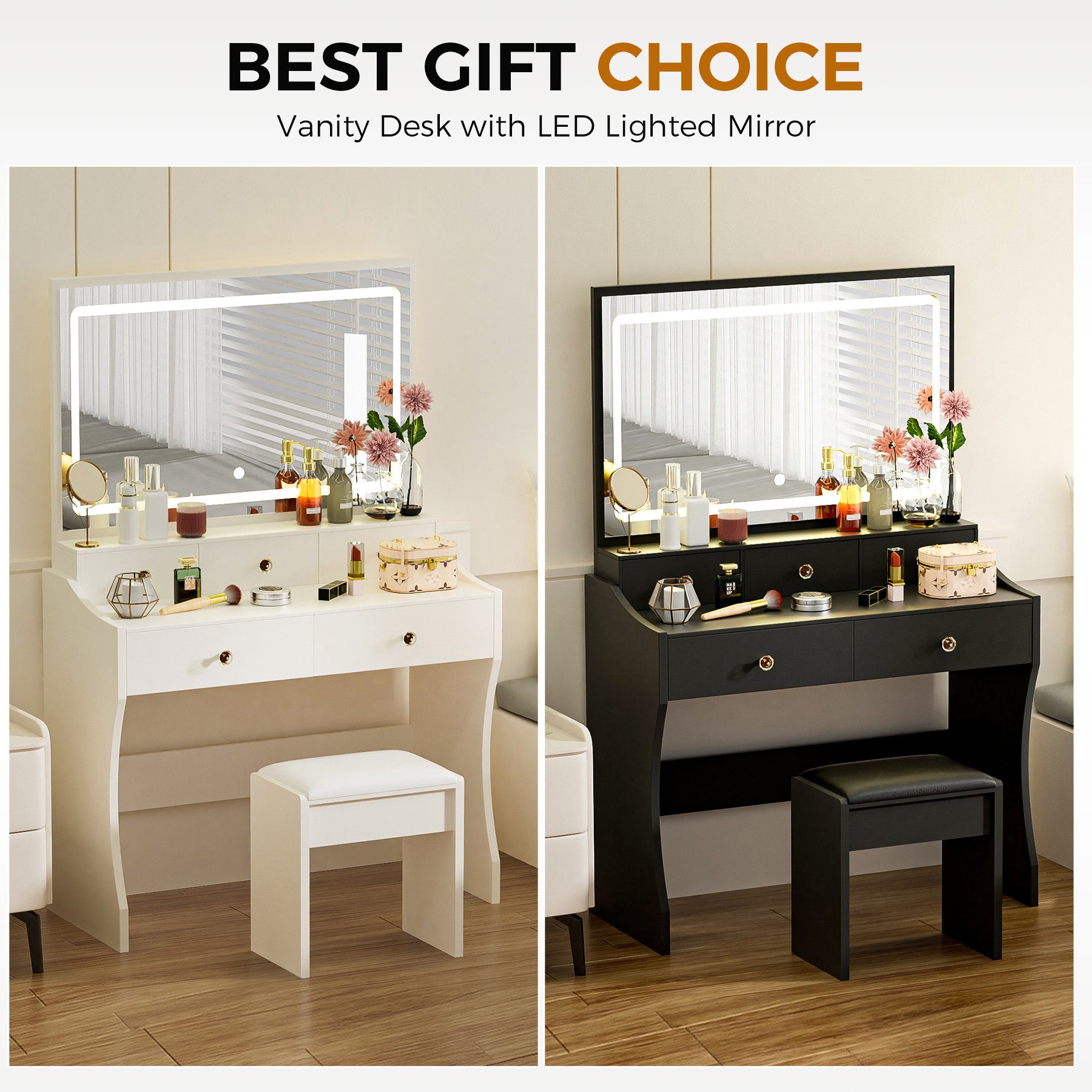 COMHOMA Makeup Vanity Table and Chair Set with 5 Drawers and Charging Station, Mirror and Lights Included B200