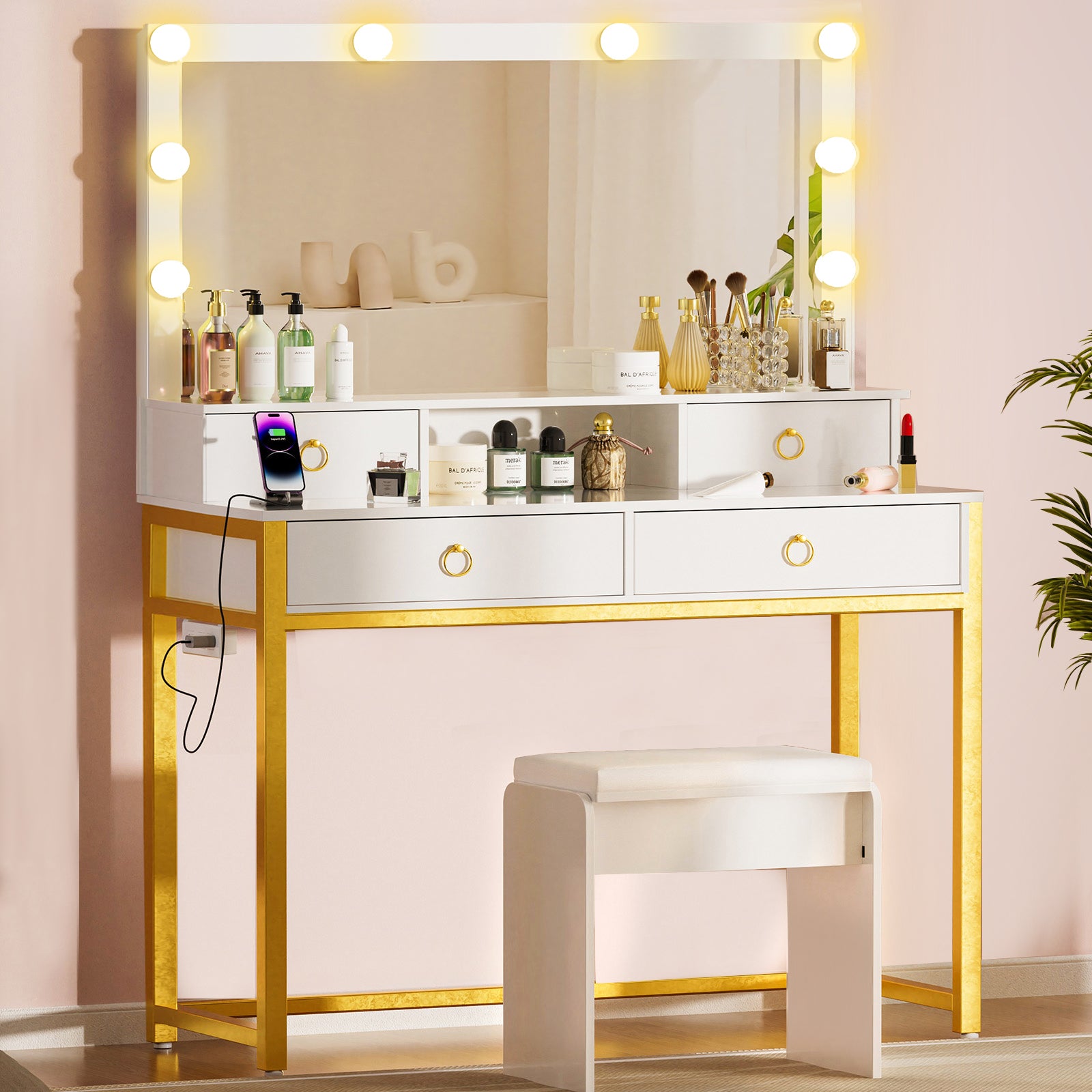 COMHOMA Vanity Desk with Big Mirror and Lights B1007 WMT