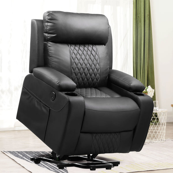 COMHOMA Electric Power Lift Recliner Chair for Elderly, 32.6" Wide Leather Recliner Chair with Heat and Massage, Spacious Seat, USB Port, Cup Holders, Side Pockets ,Black