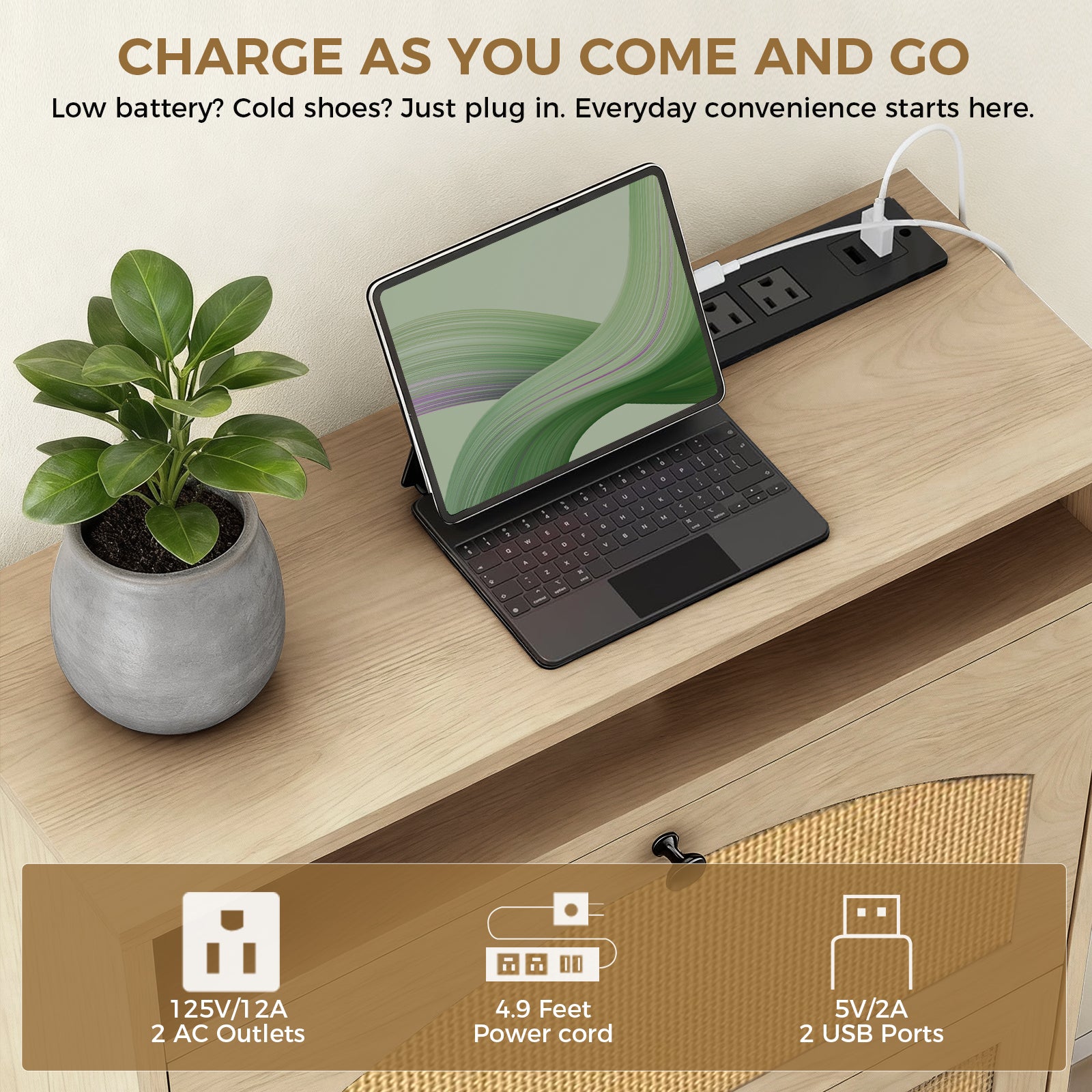 Shoe Storage Cabinet with 2 Flip Drawers & Charging Station