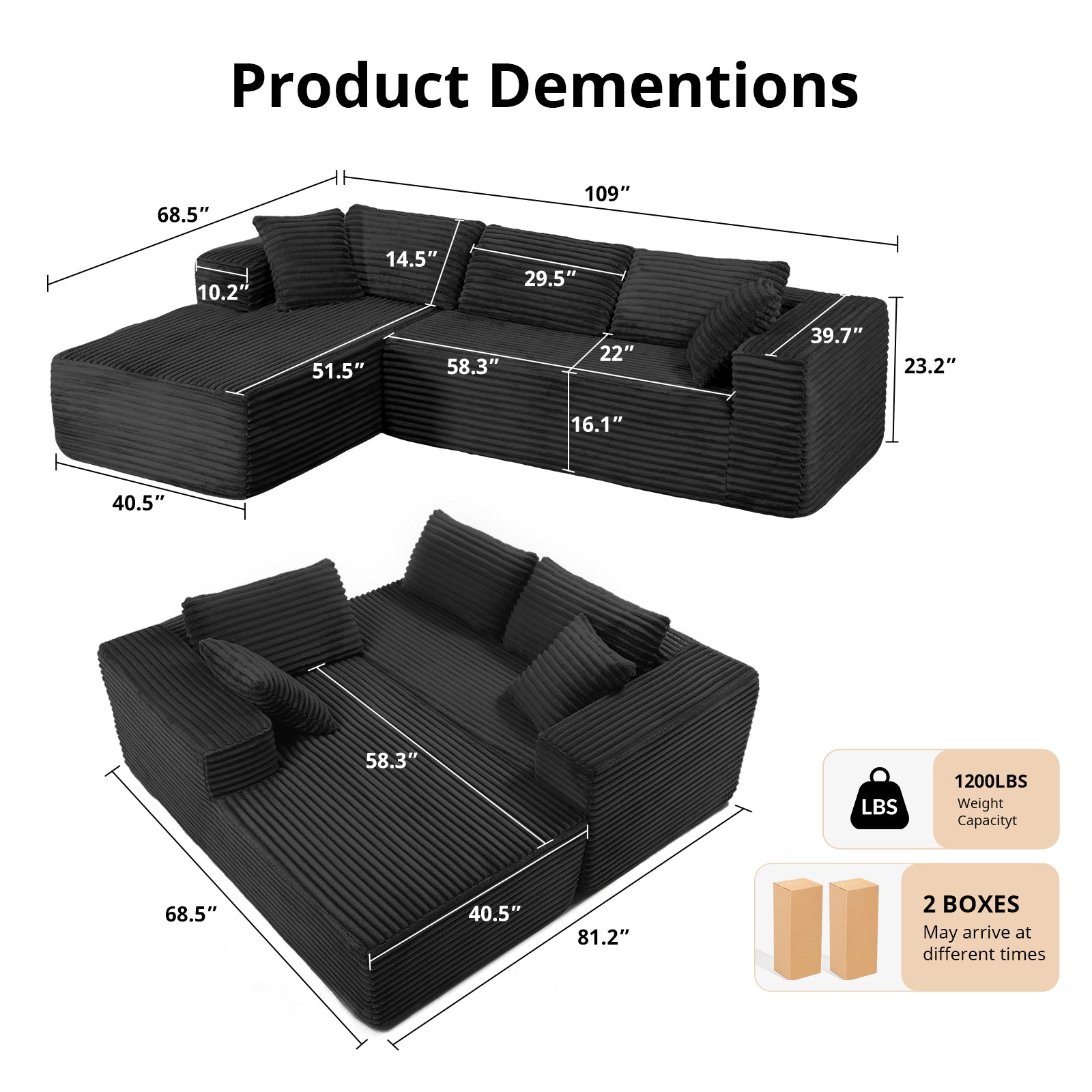 COMHOMA Modular Sectional Couch with L/R-Shape Chaise, Corduroy Upholstery & No Assembly Required B10