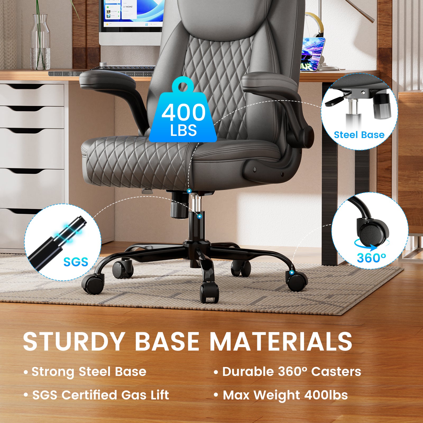 Cloudrest Pro Rocking Leather Office Chair with Back Support and Adjustable Armrests, for Short People Use CH228