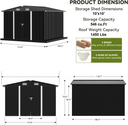 Storage shed dimensions and features on a white background