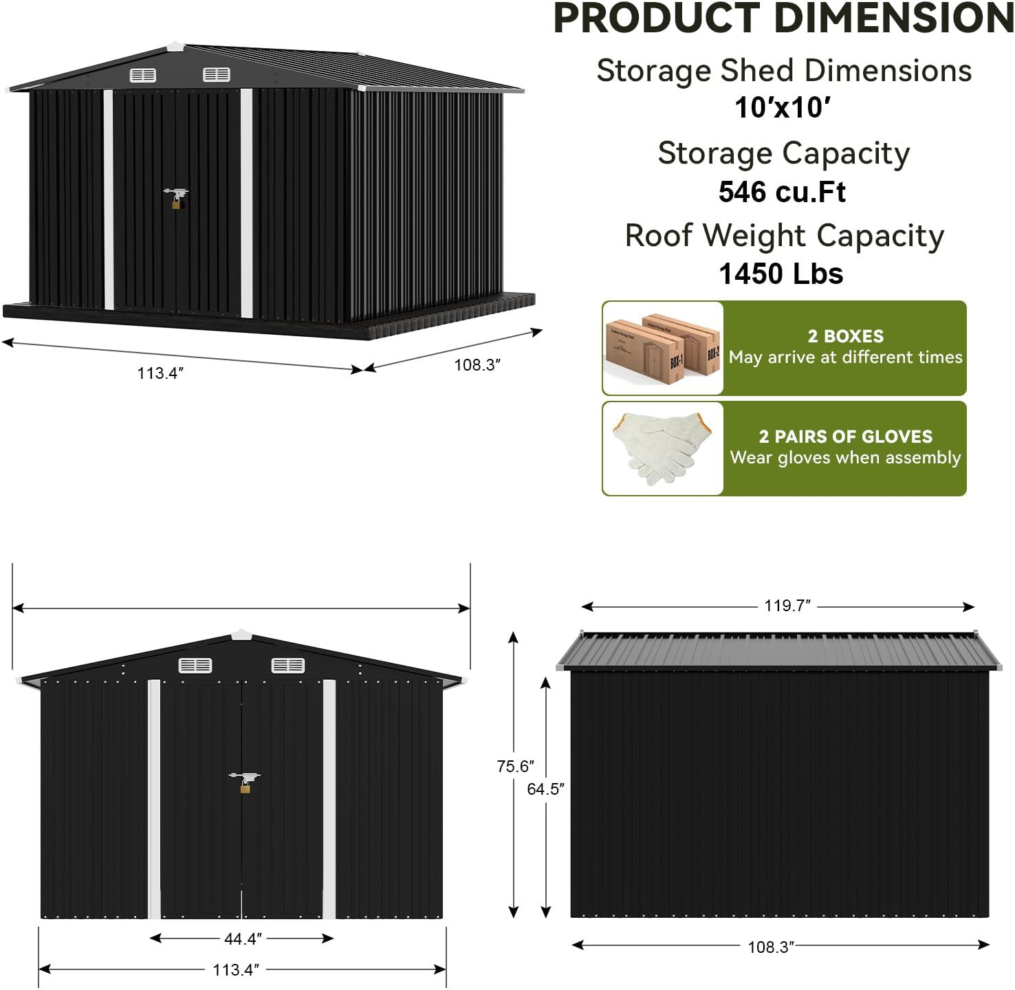 Storage shed dimensions and features on a white background