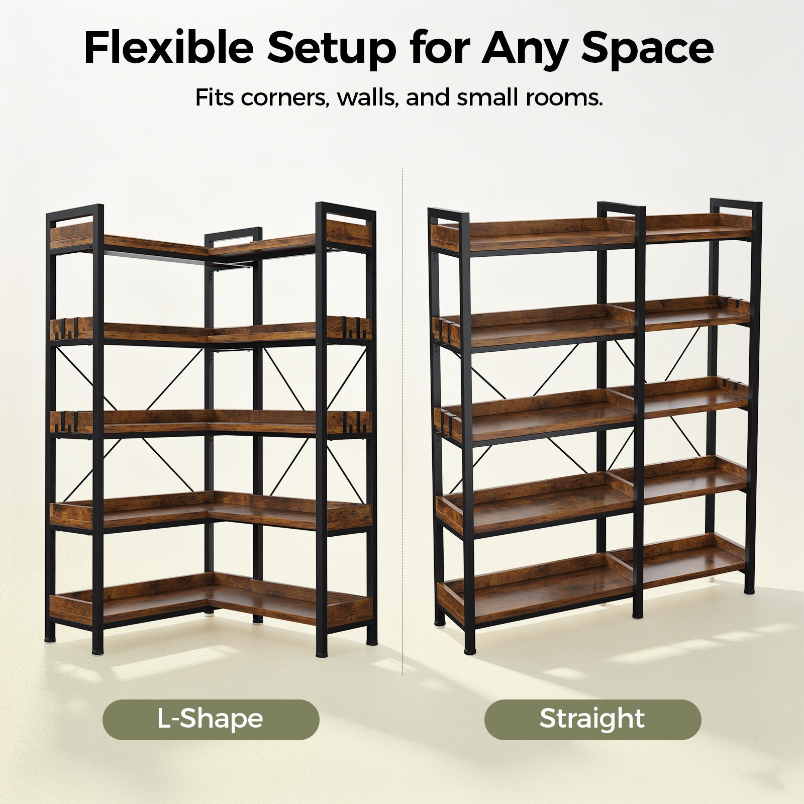 COMHOMA 5-Tier/6-Tier Corner Bookshelf, L-Shaped Metal Frame Shelf with Tall 14" Shelves HBOK1