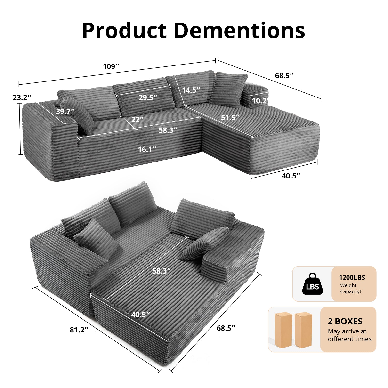 COMHOMA Modular Sectional Couch with L/R-Shape Chaise, Corduroy Upholstery & No Assembly Required B10
