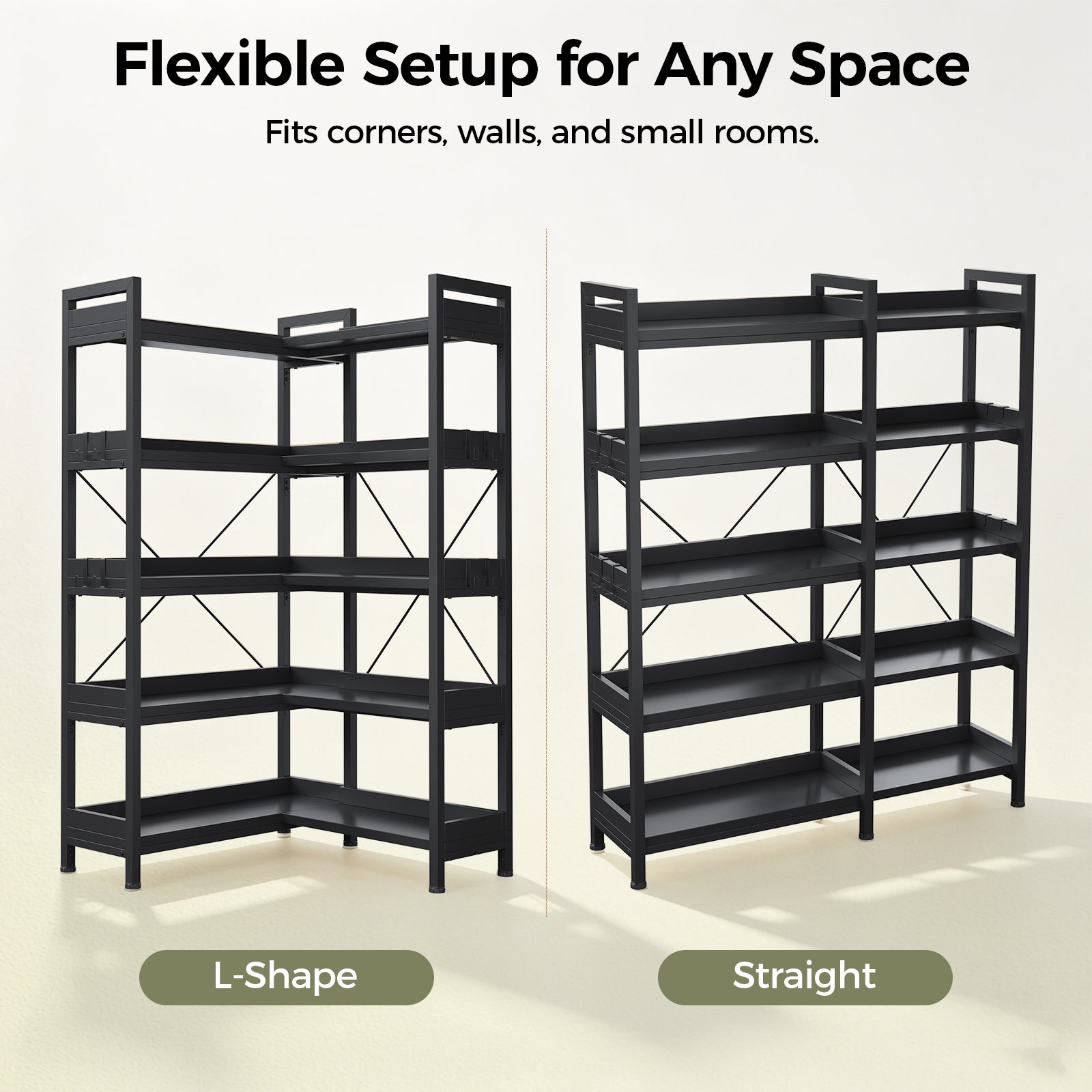 COMHOMA 5-Tier/6-Tier Corner Bookshelf, L-Shaped Metal Frame Shelf with Tall 14" Shelves HBOK1