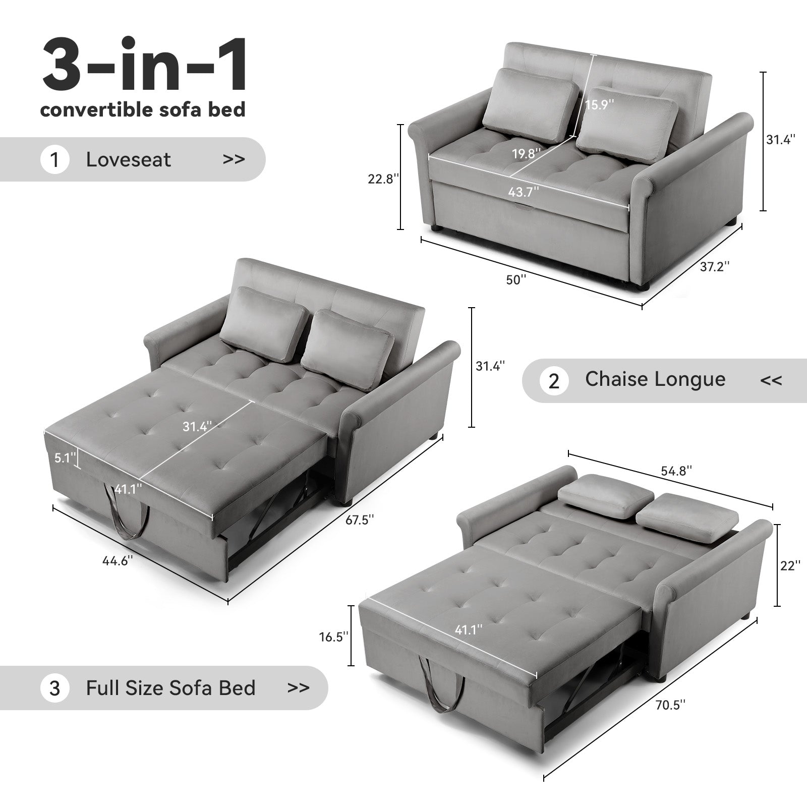 COMHOMA Convertible Sofa Bed 55'' B008