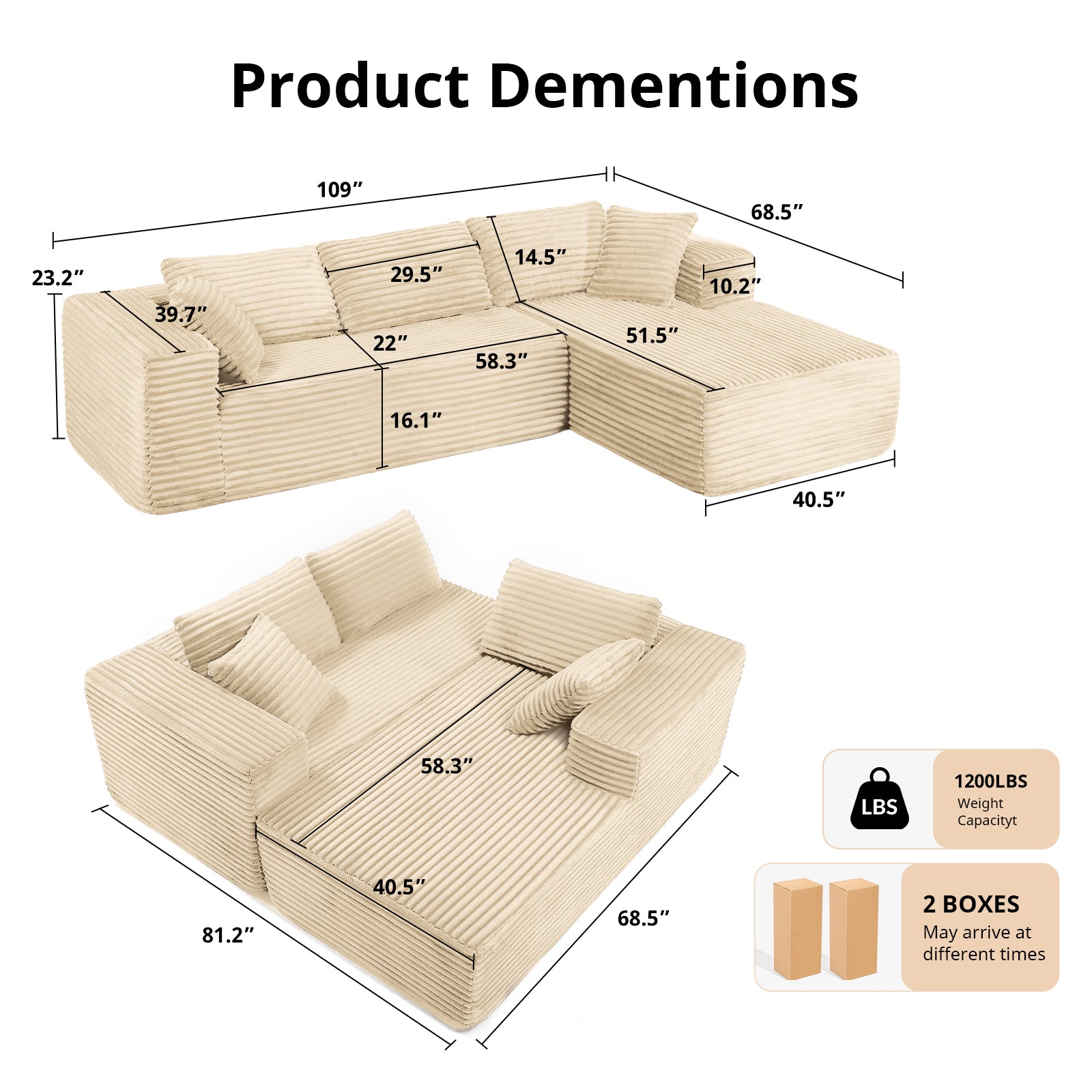 COMHOMA Modular Sectional Couch with L/R-Shape Chaise, Corduroy Upholstery & No Assembly Required B10