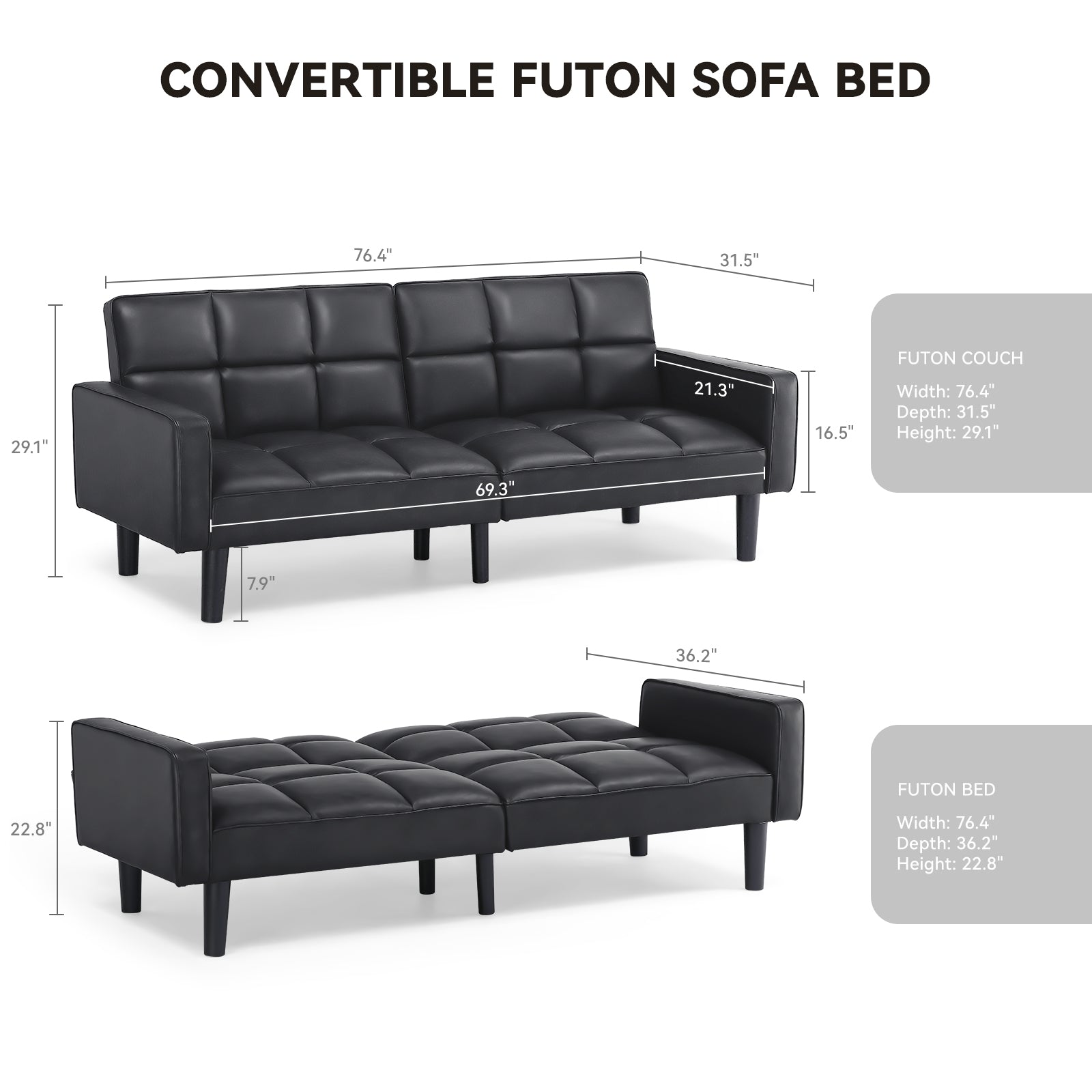 COMHOMA 76" Large Space Folding Fabric or PU Futon Sofa Bed B004