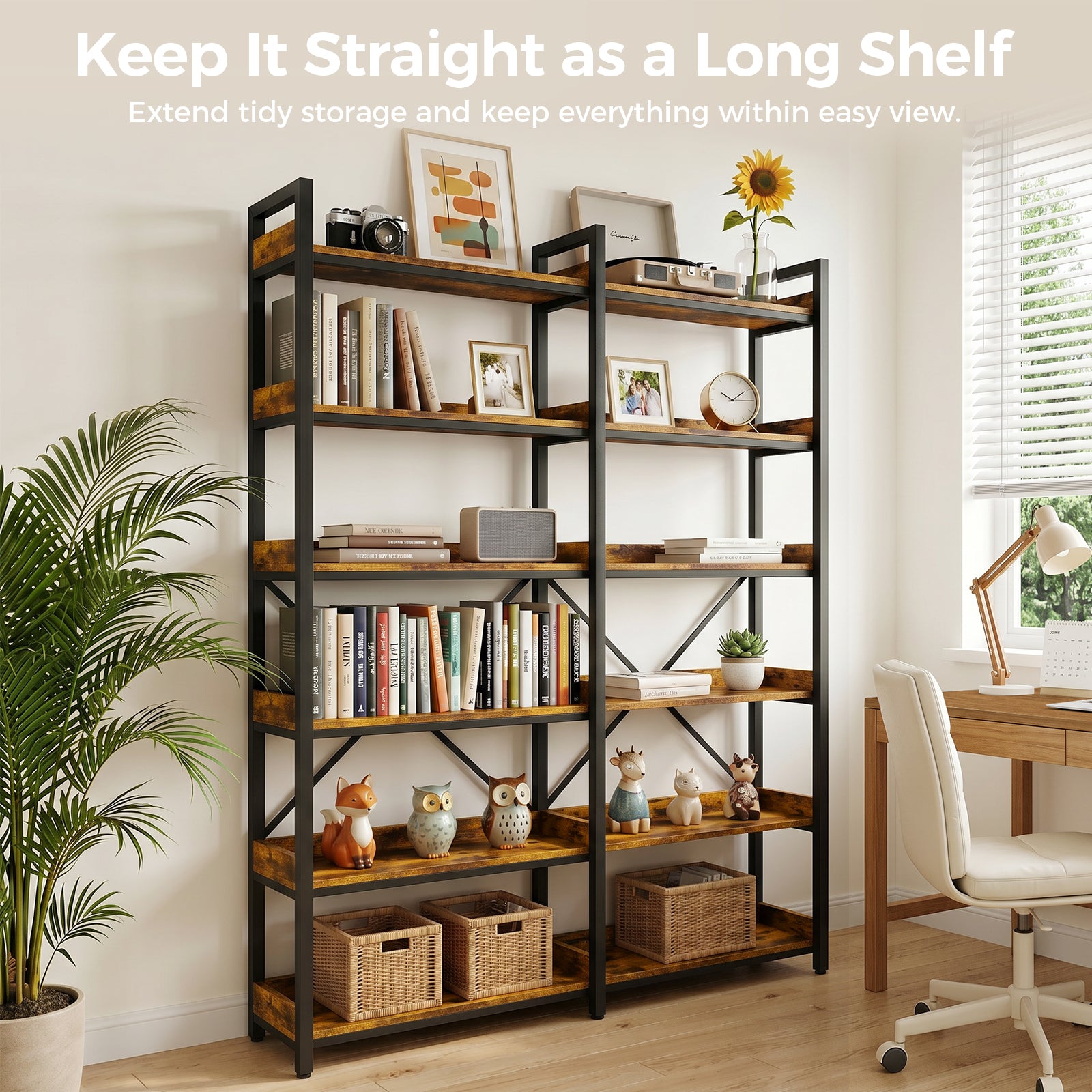 COMHOMA 5-Tier/6-Tier Corner Bookshelf, L-Shaped Metal Frame Shelf with Tall 14" Shelves HBOK1
