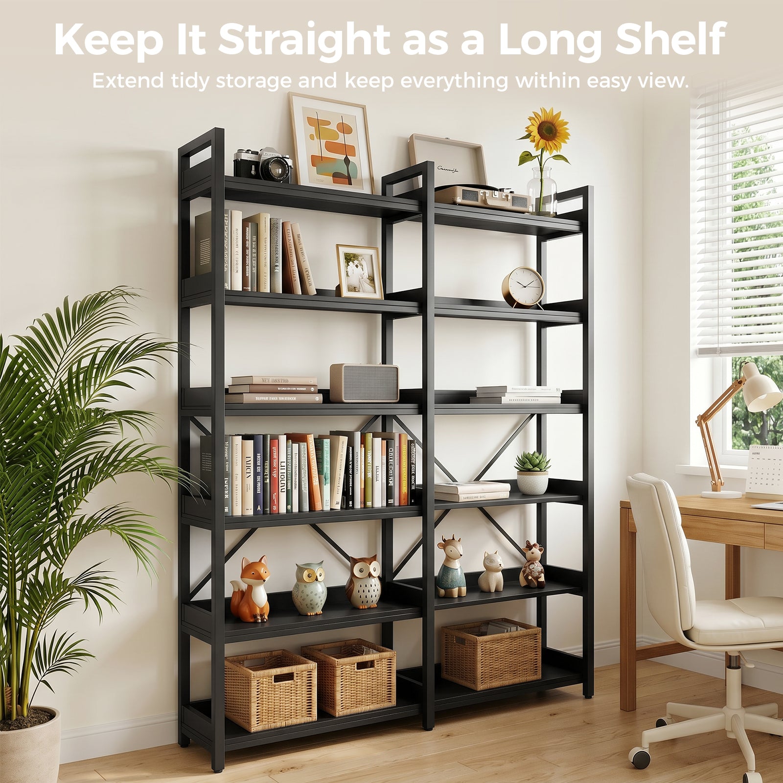 COMHOMA 5-Tier/6-Tier Corner Bookshelf, L-Shaped Metal Frame Shelf with Tall 14" Shelves HBOK1