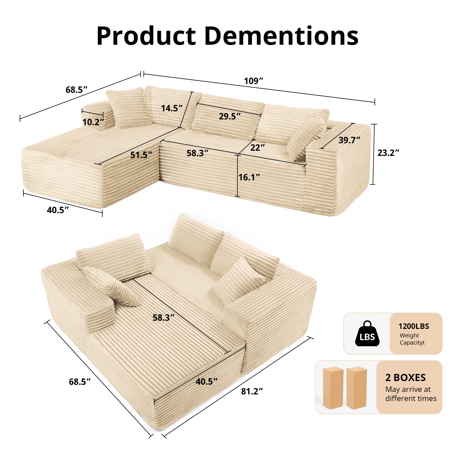 COMHOMA Modular Sectional Couch with L/R-Shape Chaise, Corduroy Upholstery & No Assembly Required B10