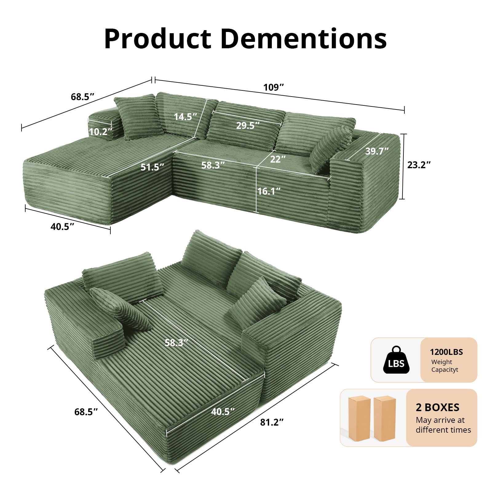COMHOMA Modular Sectional Couch with L/R-Shape Chaise, Corduroy Upholstery & No Assembly Required B10