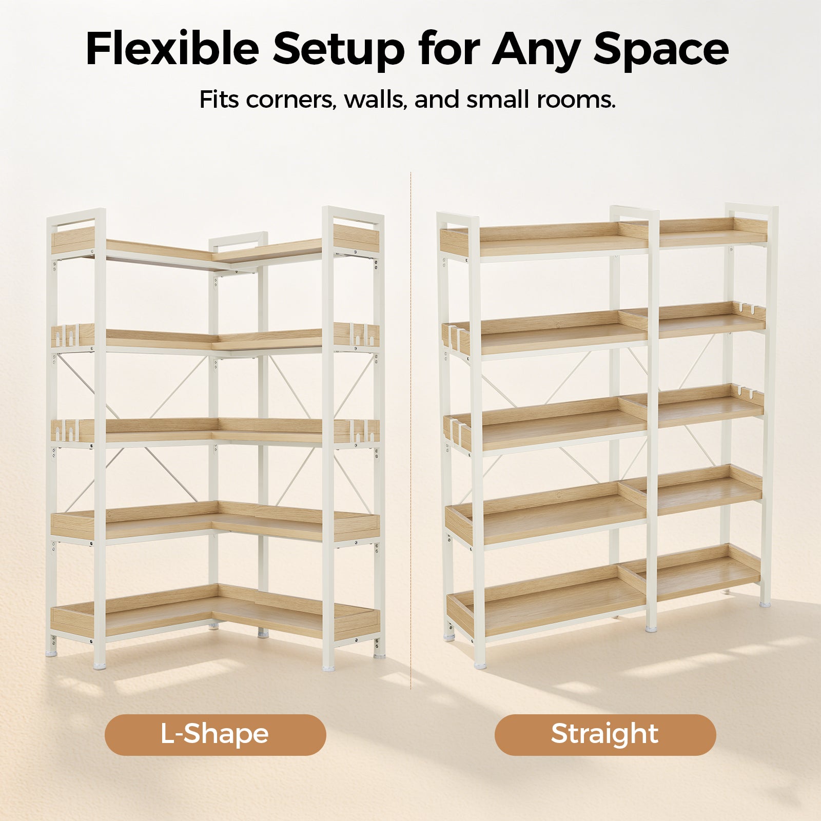 COMHOMA 5-Tier/6-Tier Corner Bookshelf, L-Shaped Metal Frame Shelf with Tall 14" Shelves HBOK1