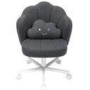 Dark gray ergonomic office chair with a petal-shaped backrest, white metal base with wheels, and a winking cloud-shaped cushion, suitable for makeup vanities and home offices.