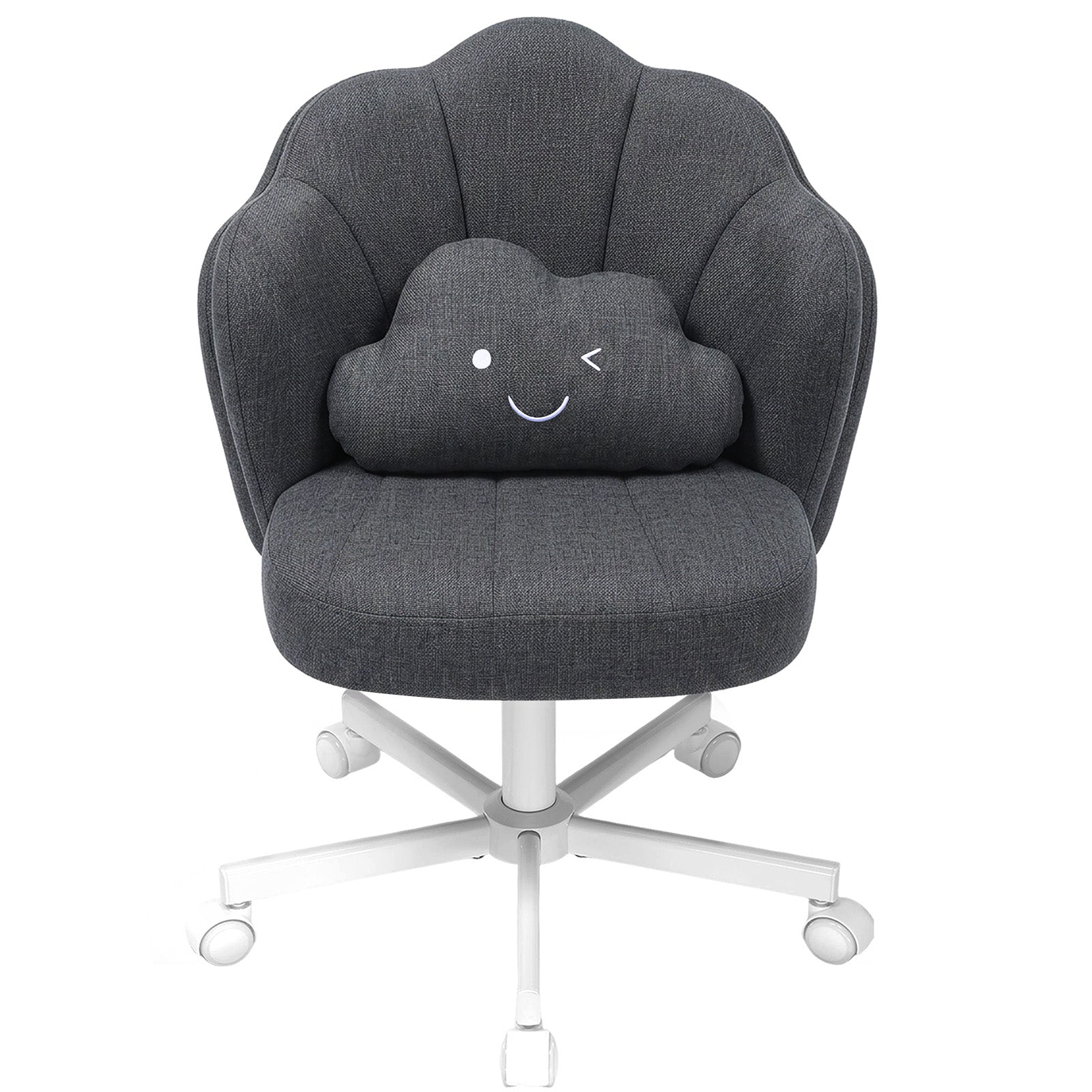 Dark gray ergonomic office chair with a petal-shaped backrest, white metal base with wheels, and a winking cloud-shaped cushion, suitable for makeup vanities and home offices.