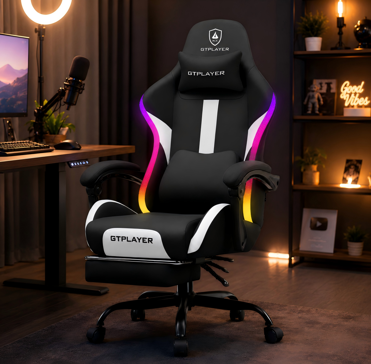 GTPLAYER Fabric Gaming Chair with Footrest, LED Lights, Comfy Chair - AMZ