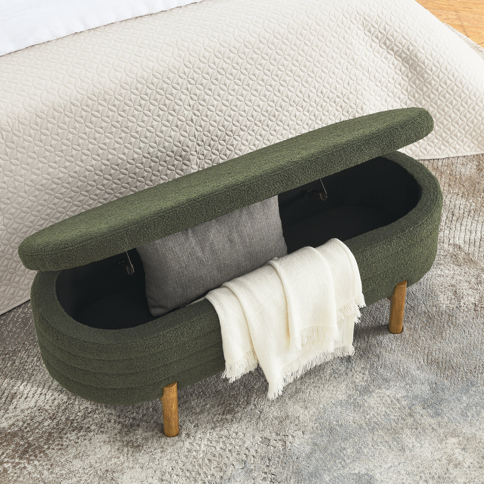 Ottoman Oval Storage Bench,Rubber Wood Leg, Green(46.'x17.7'x10.8')