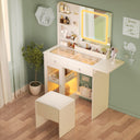 Small Vanity Desk with Mirror and Lights and Chair, Makeup Vanity with Glass Top and 2 USB Power Strip, Vanity with Two Drawers and one Cabinet, Dressing Table Set with 3 Lights Colors Mirror (White)