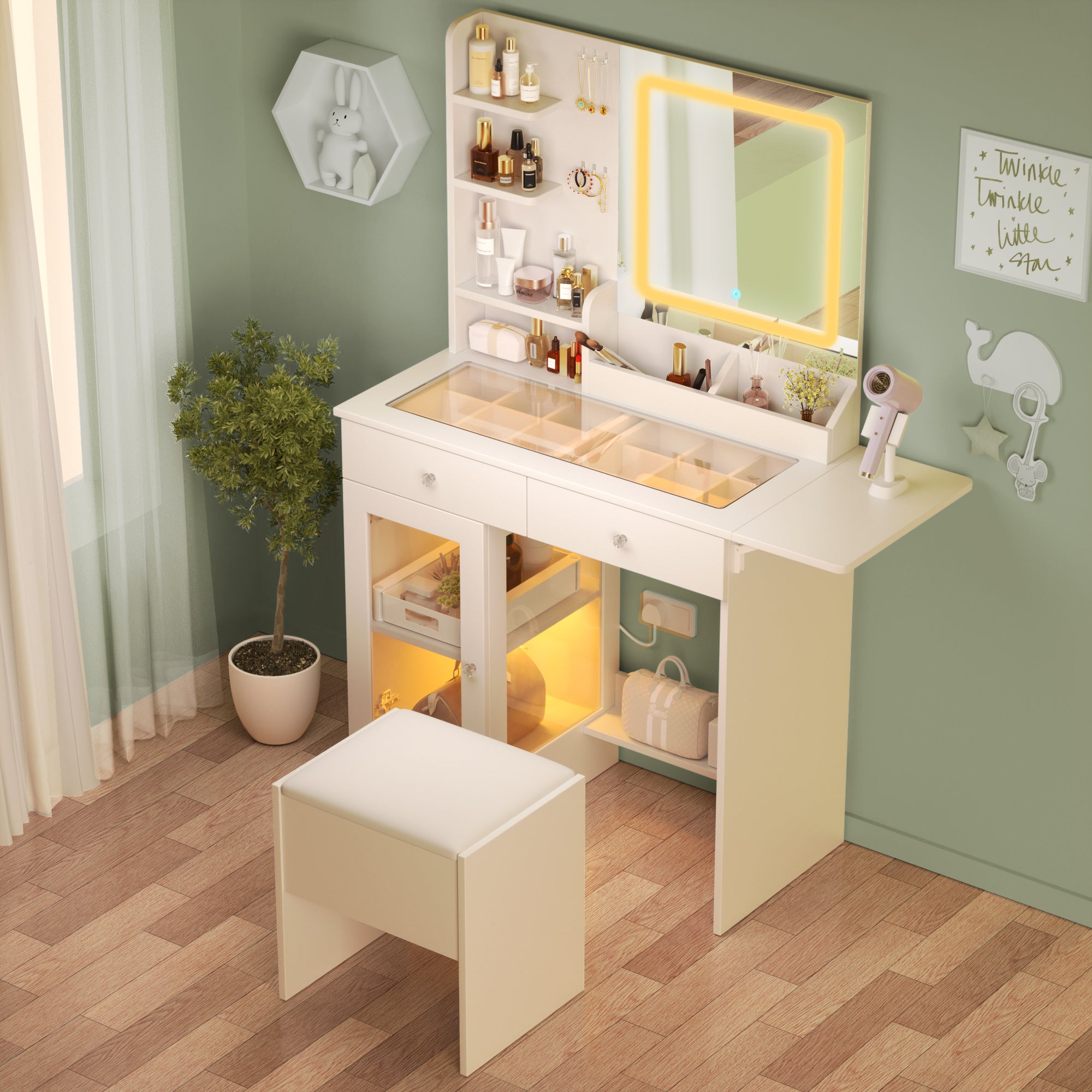 Small Vanity Desk with Mirror and Lights and Chair, Makeup Vanity with Glass Top and 2 USB Power Strip, Vanity with Two Drawers and one Cabinet, Dressing Table Set with 3 Lights Colors Mirror (White)