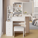 29.2' Small Space Left Bedside Cabinet Vanity Table + Cushioned Stool, Extra Large Right sliding mirror, Multi Layer High Capacity Storage, Practical Fashionable Dresser, Suitable For Small Space