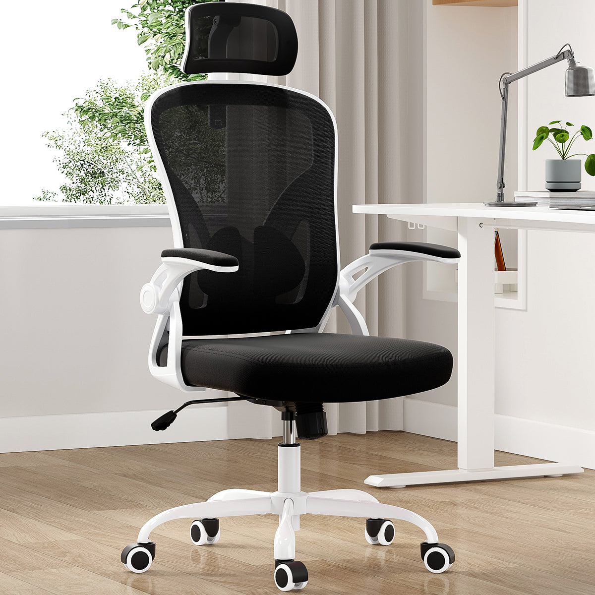 Ergonomic Office Chair, Home Office Desk Chair with Headrest, High Back Computer Chair with Armrests and Adjustable Lumbar Support for Home Office Study Room, White & Black
