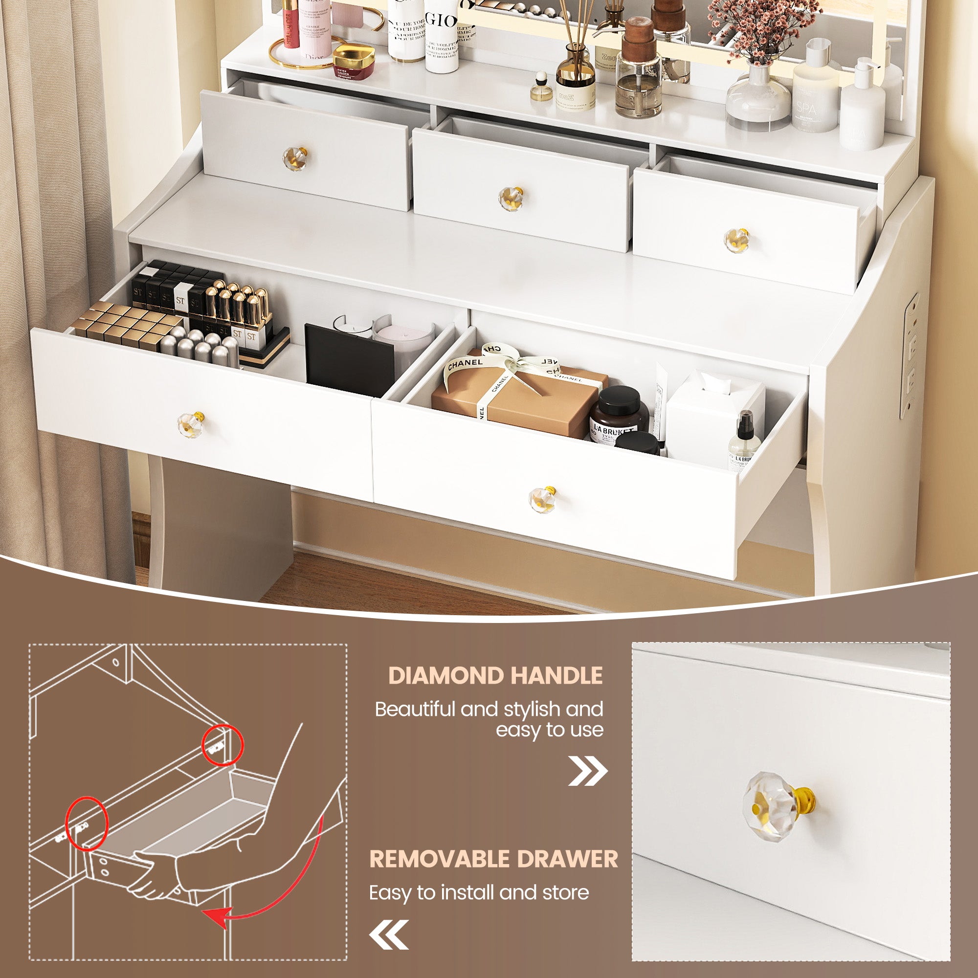 COMHOMA® Makeup Vanity Table and Chair Set with 5 Drawers and Charging Station, Mirror and Lights Included B200