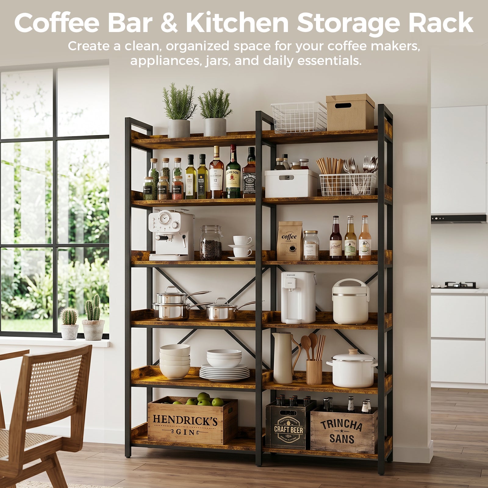 COMHOMA 5-Tier/6-Tier Corner Bookshelf, L-Shaped Metal Frame Shelf with Tall 14" Shelves HBOK1
