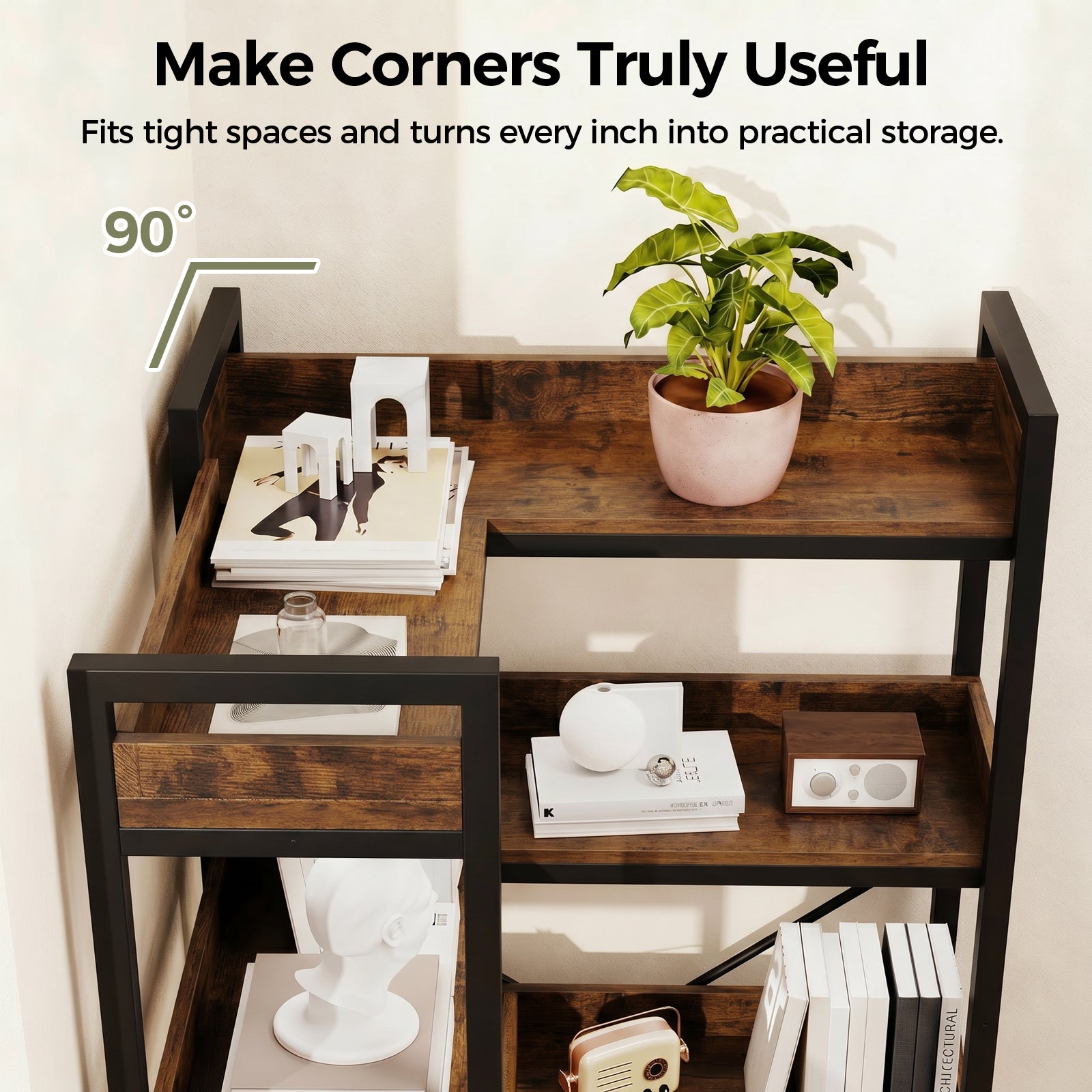 COMHOMA 5-Tier/6-Tier Corner Bookshelf, L-Shaped Metal Frame Shelf with Tall 14" Shelves HBOK1