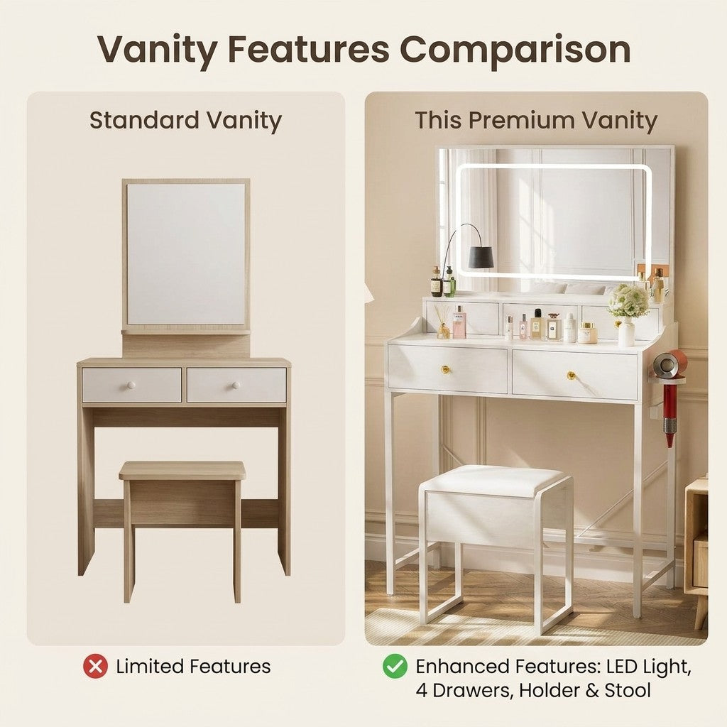 COMHOMA® 27" Makeup Vanity Desk Set with 3-Color LED Mirror, Charging Station & 5 Drawers B205
