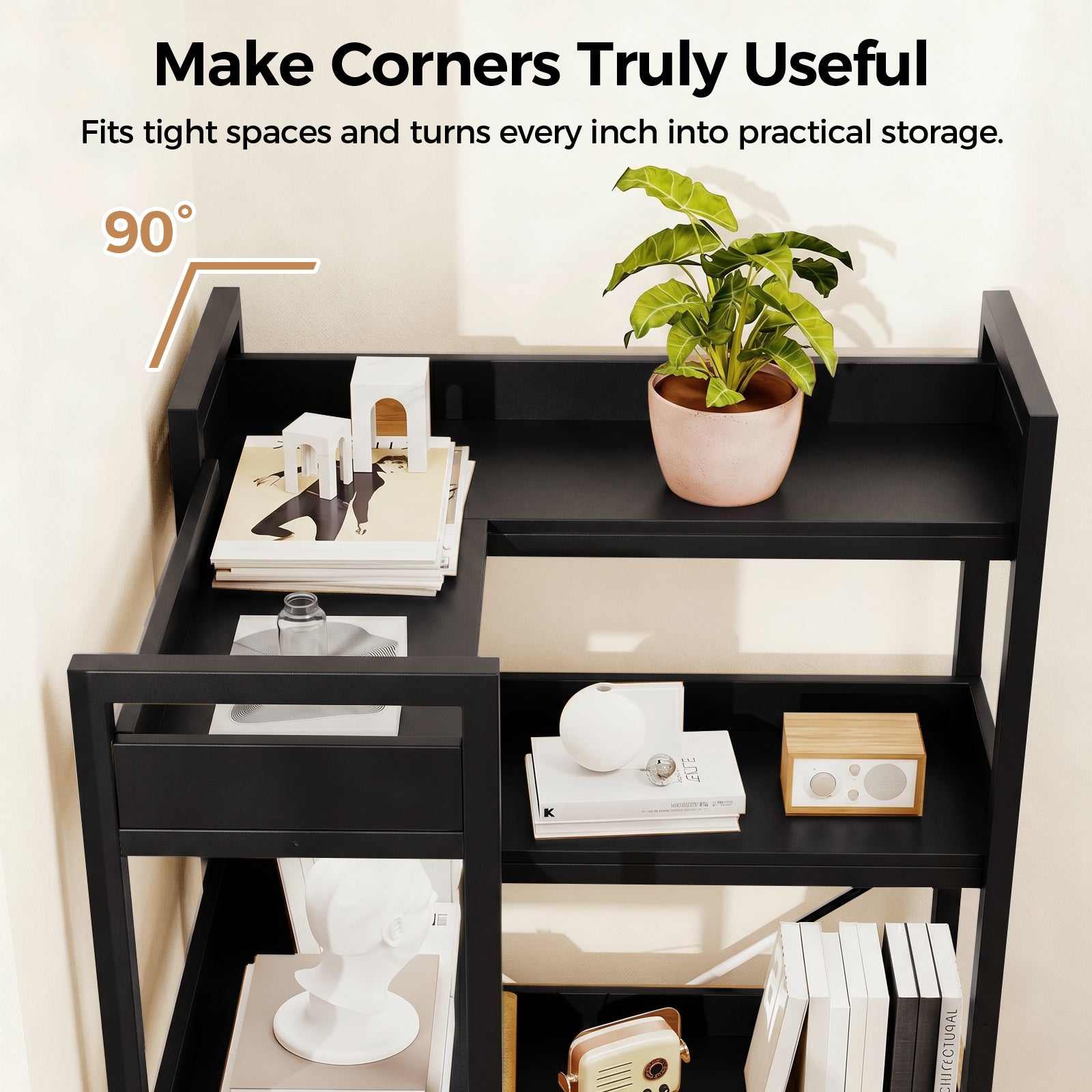 COMHOMA 5-Tier/6-Tier Corner Bookshelf, L-Shaped Metal Frame Shelf with Tall 14" Shelves HBOK1