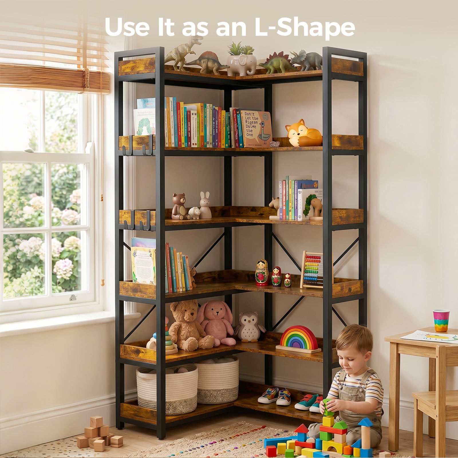 COMHOMA 5-Tier/6-Tier Corner Bookshelf, L-Shaped Metal Frame Shelf with Tall 14" Shelves HBOK1