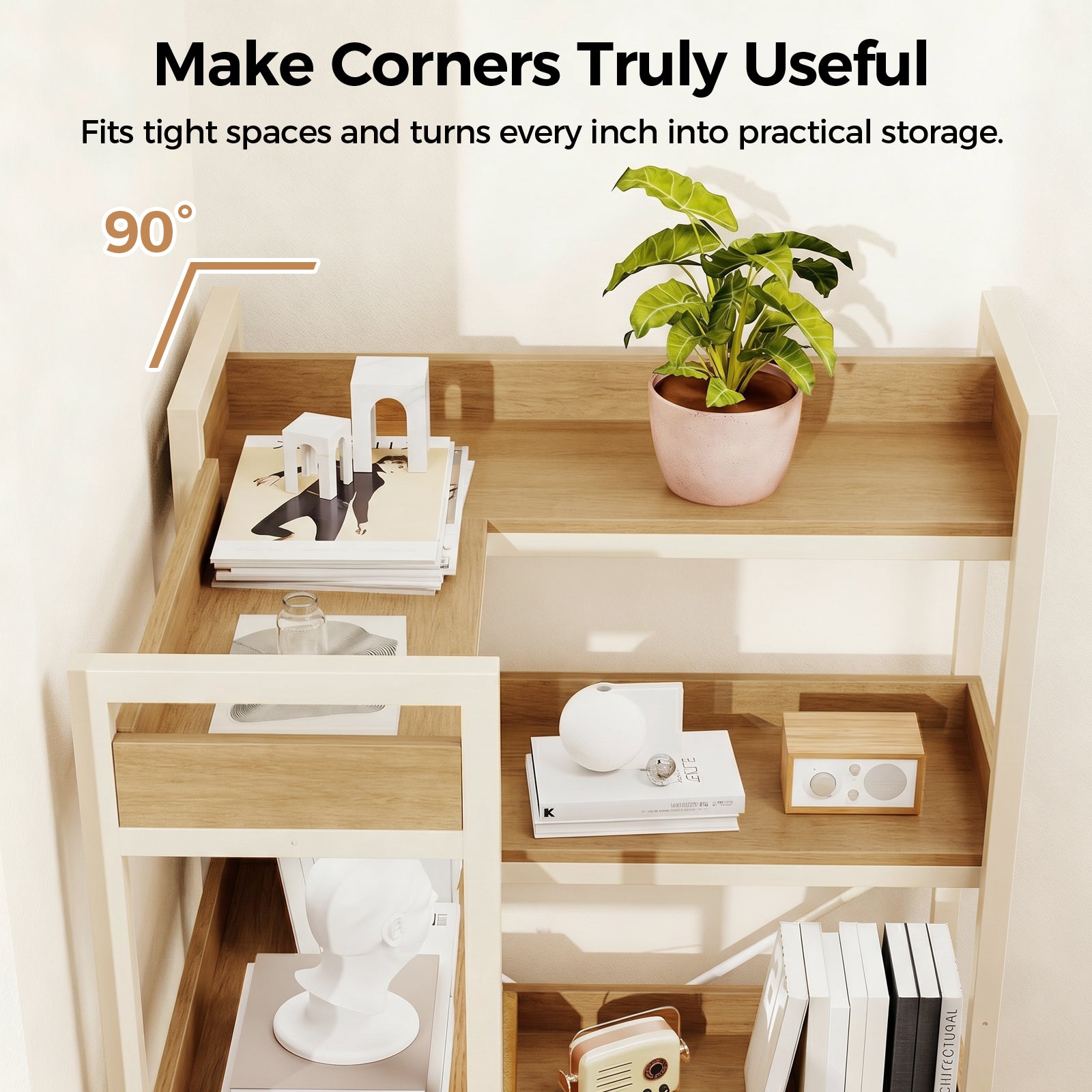 COMHOMA 5-Tier/6-Tier Corner Bookshelf, L-Shaped Metal Frame Shelf with Tall 14" Shelves HBOK1