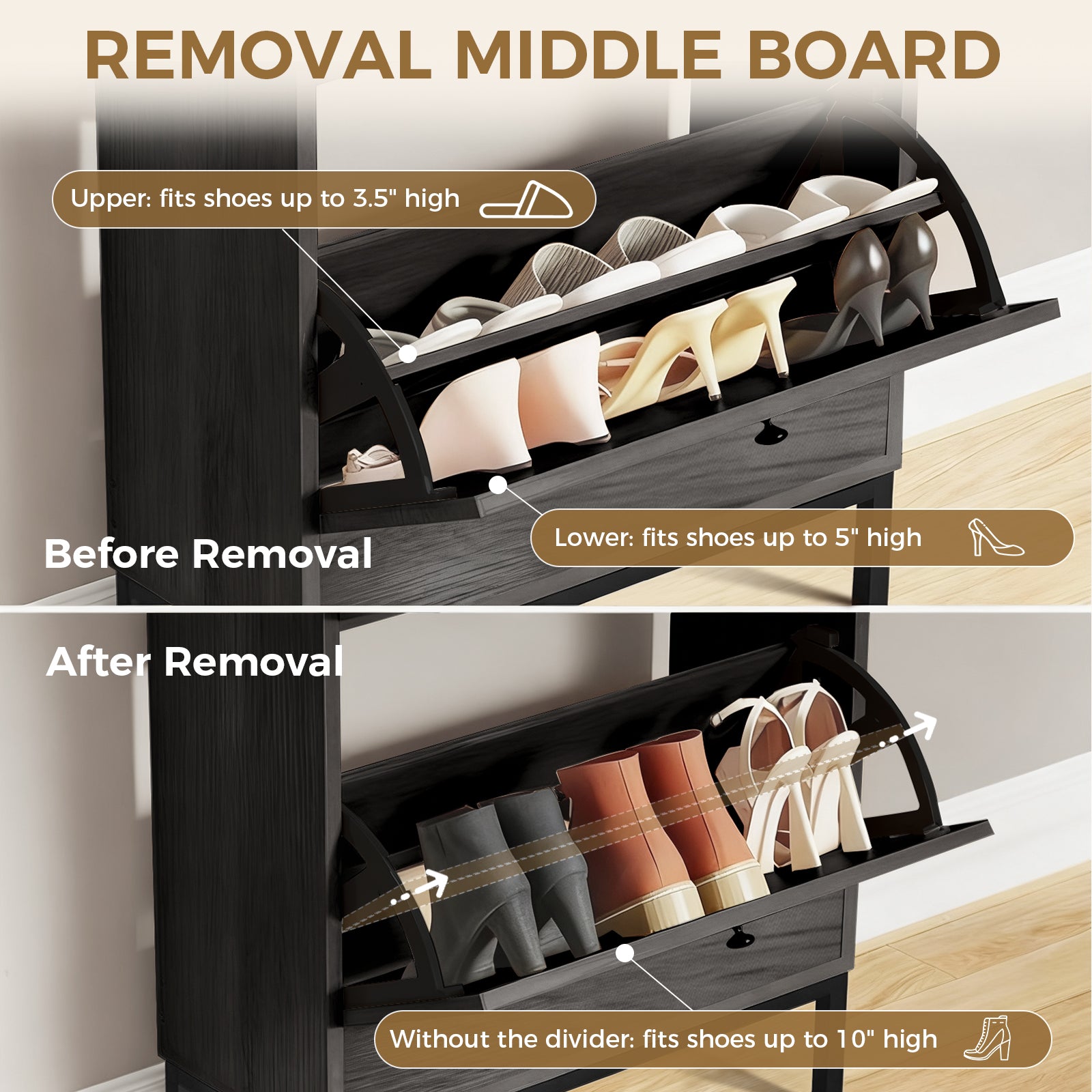 Shoe Storage Cabinet with 2 Flip Drawers & Charging Station