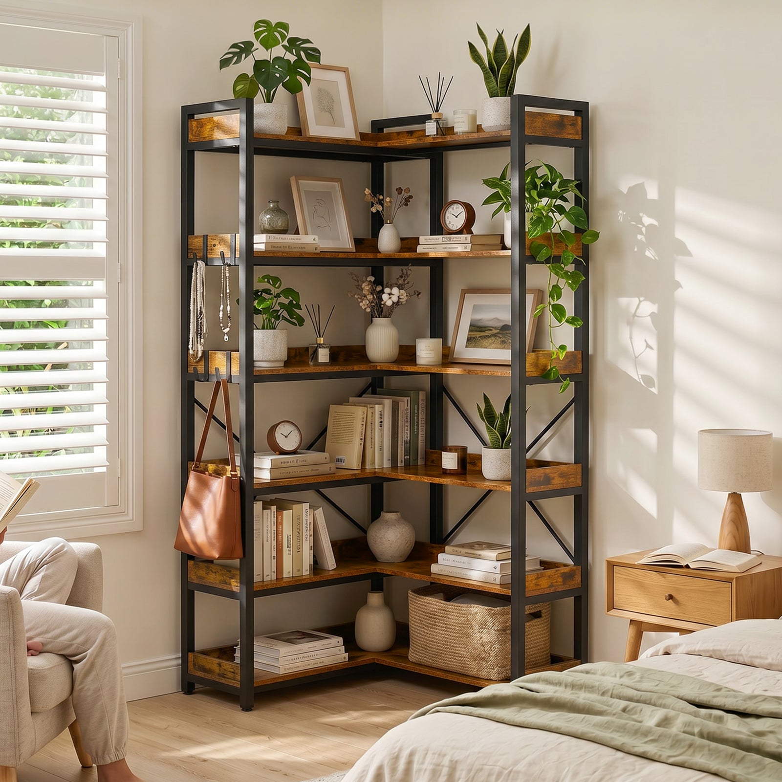 COMHOMA 5-Tier/6-Tier Corner Bookshelf, L-Shaped Metal Frame Shelf with Tall 14" Shelves HBOK1