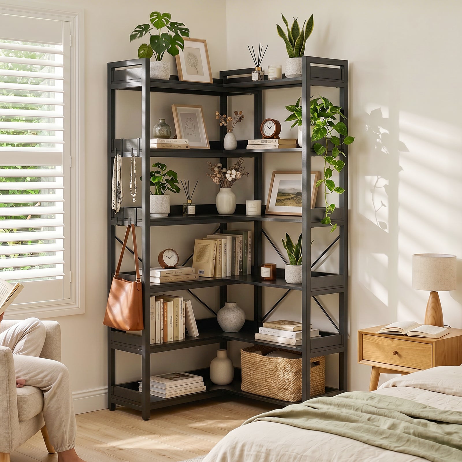 COMHOMA 5-Tier/6-Tier Corner Bookshelf, L-Shaped Metal Frame Shelf with Tall 14" Shelves HBOK1