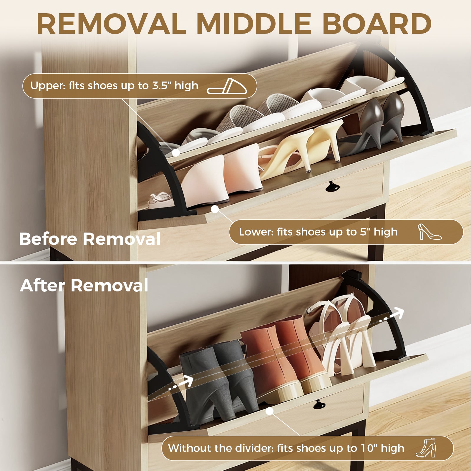 Shoe Storage Cabinet with 2 Flip Drawers & Charging Station