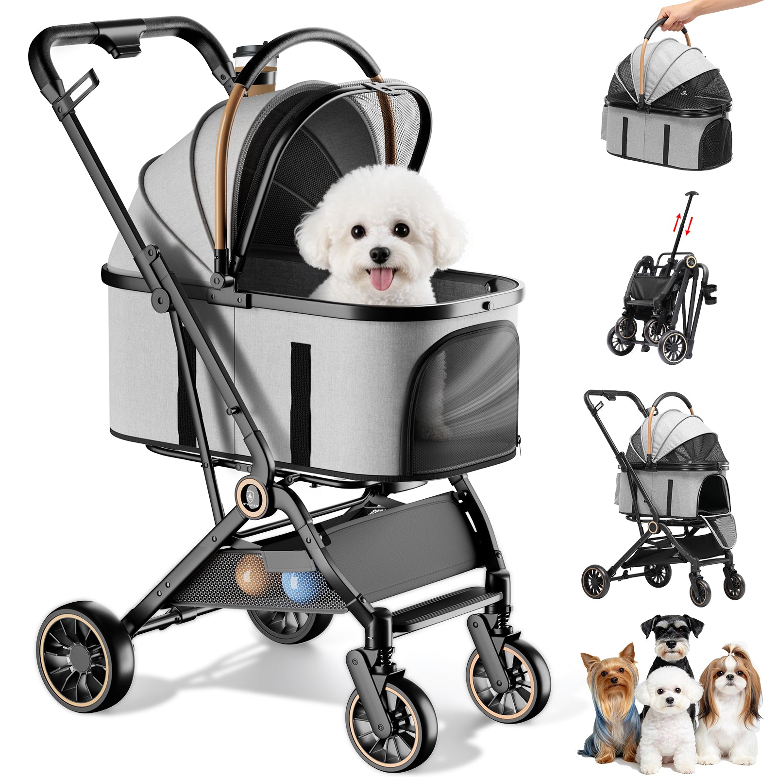 COMHOMA 3-in-1 Foldable Pet Stroller for Small Dogs & Cats Up to 45 lbs with Storage Basket and Cup Holder, PET-CART01