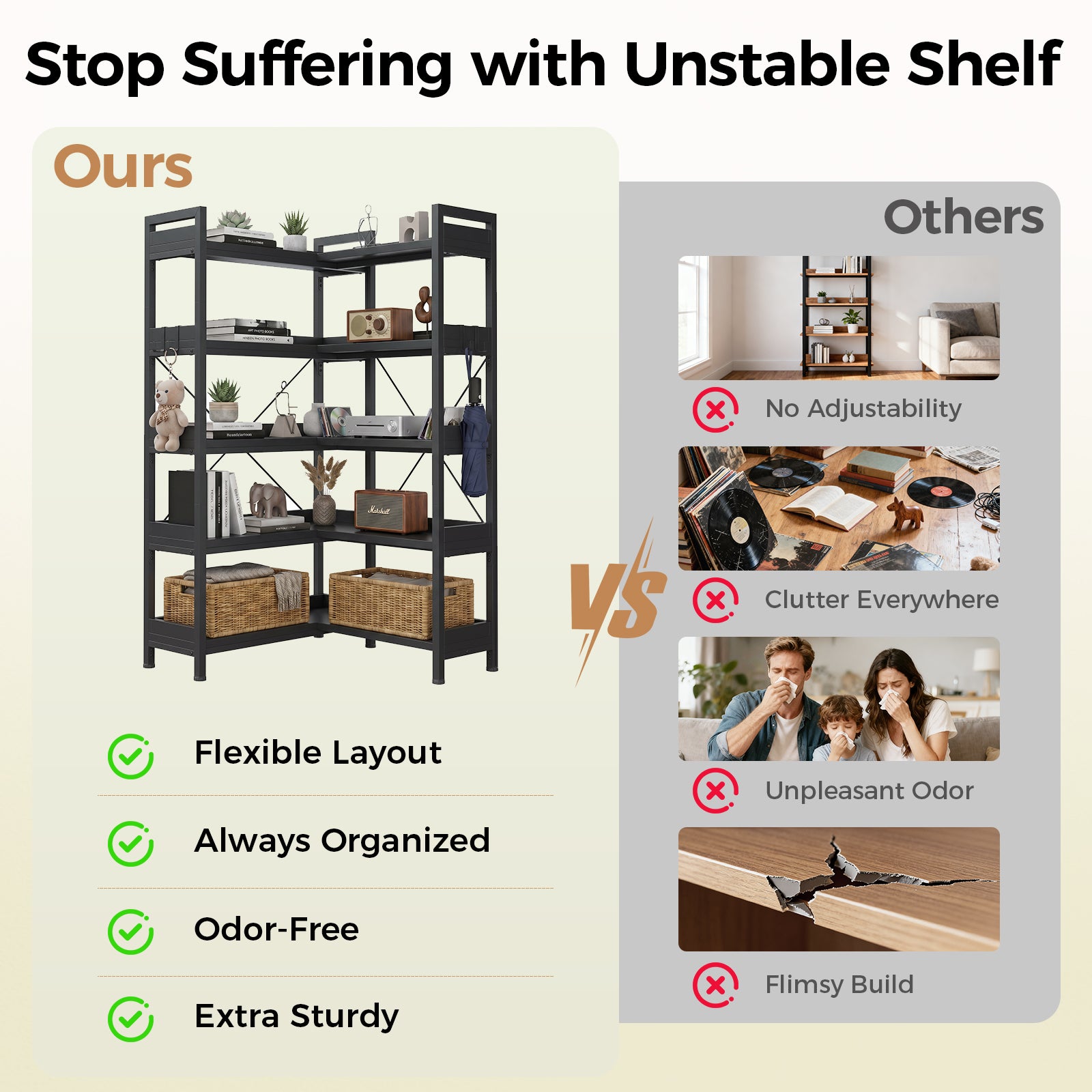 COMHOMA 5-Tier/6-Tier Corner Bookshelf, L-Shaped Metal Frame Shelf with Tall 14" Shelves HBOK1