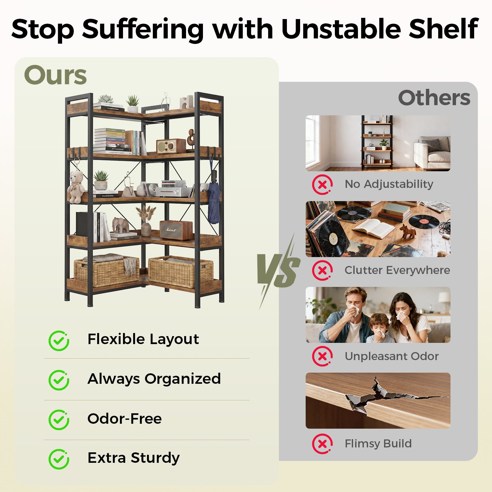 COMHOMA 5-Tier/6-Tier Corner Bookshelf, L-Shaped Metal Frame Shelf with Tall 14" Shelves HBOK1